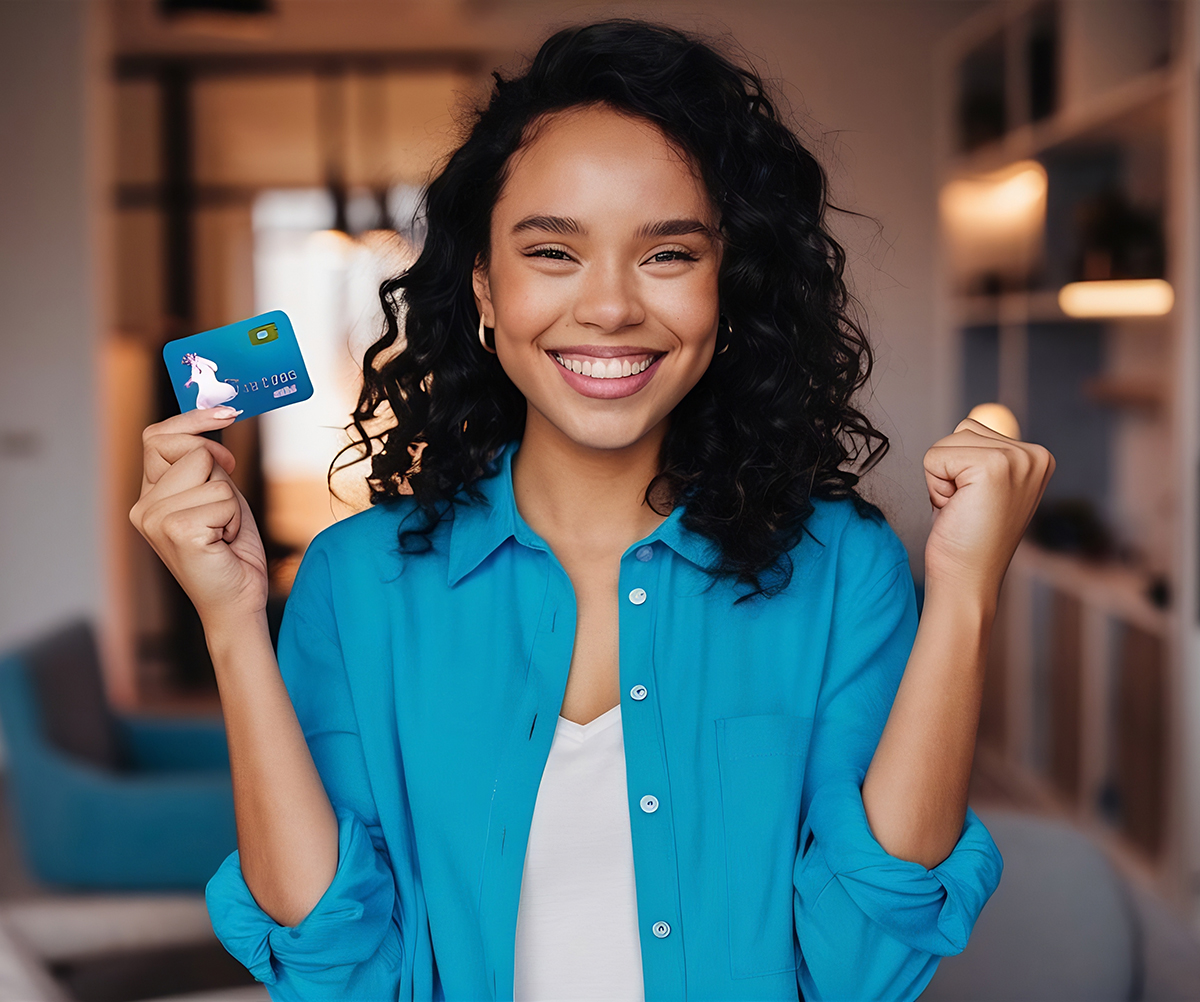 joyful young woman with credit card blue shirt (1)